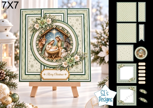 Nativity Scene 7x7 Christmas Card Kit with Green Snowflake Panels & Floral Toppers