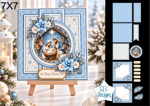 Nativity Scene 7x7 Christmas Card Kit with Blue Snowflake Panels & Floral Toppers