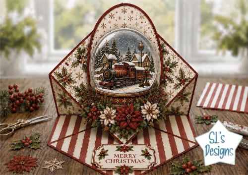 Vintage Train Snow Globe Christmas Card Topper