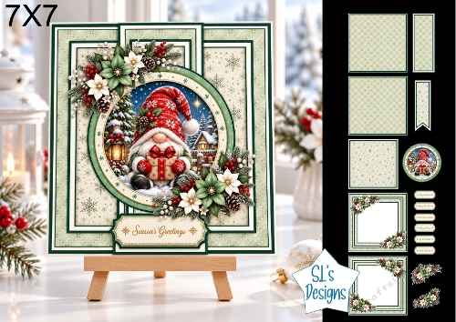 Christmas Gnome 7x7 Card Kit with Snowy Village Scene & Winter Floral Toppers