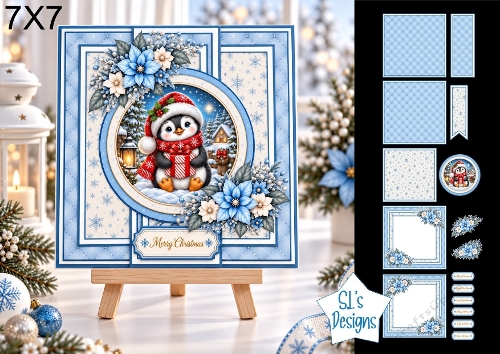 Penguin 7x7 Christmas Card Kit with Snowy Scene & Winter Floral Toppers