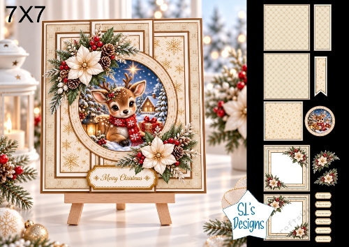 Baby Reindeer 7x7 Christmas Card Kit with Snowy Village Scene & Winter Floral Toppers
