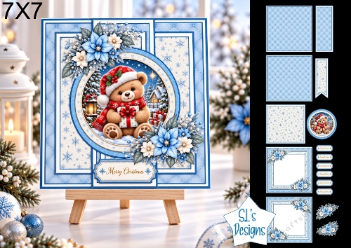 Teddy Bear 7x7 Christmas Card Kit with Snowy Village Scene & Winter Floral Toppers