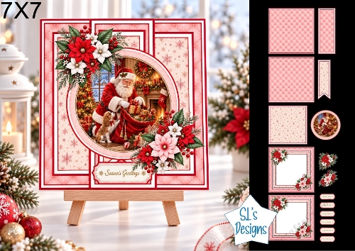 Santa by the Fireplace 7x7 Christmas Card Kit with Festive Floral Toppers
