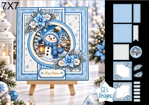 Snowman 7x7 Christmas Card Kit with Lantern & Snowy Village Scene