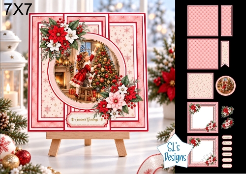 Child Decorating Christmas Tree 7x7 Card Kit with Cozy Fireplace Scene & Festive Floral Toppers