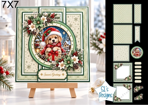 Puppy 7x7 Christmas Card Kit with Snowy Winter Scene & Festive Floral Toppers