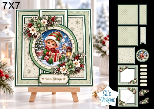 Christmas Elf 7x7 Card Kit with Snowy Night Scene & Festive Floral Toppers