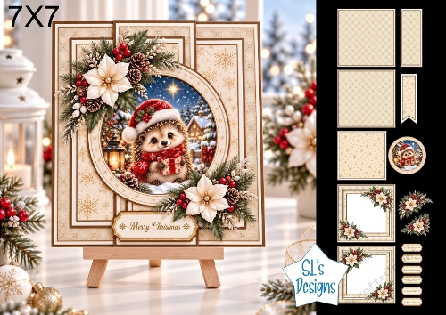 Hedgehog 7x7 Christmas Card Kit with Snowy Winter Scene & Festive Floral Toppers