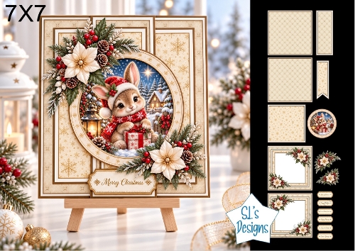 Rabbit 7x7 Christmas Card Kit with Snowy Winter Scene & Festive Floral Toppers