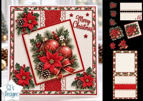 Festive Poinsettia & Ornaments Christmas Card Topper