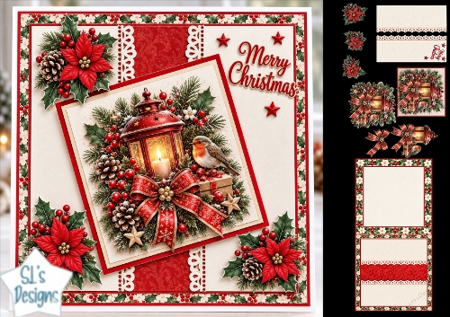 Lantern & Robin Poinsettia Christmas Card Topper