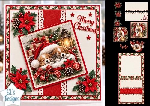 Santa Hat Puppies & Kitten Christmas Card Topper