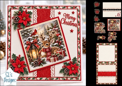 Reindeer Lantern & Cardinal Christmas Card Topper