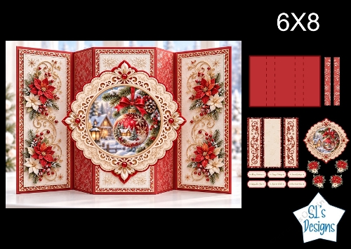Red & Gold Ornament 6x8 Christmas Card Kit with Snowy Village Scene & Festive Floral Toppers