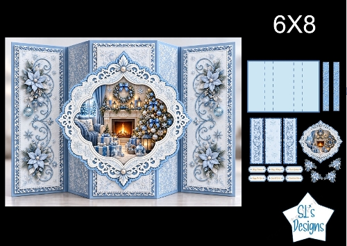 Blue Fireplace 6x8 Christmas Card Kit with Festive Tree & Winter Floral Toppers