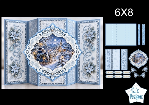 Horse Sleigh 6x8 Winter Card Kit with Snowy Landscape & Frosted Blue Floral Toppers