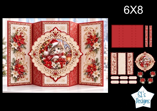 Kitten 6x8 Christmas Card Kit with Festive Ornament Frame & Red Floral Toppers
