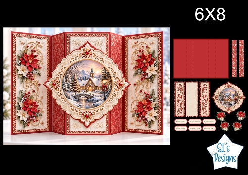 Winter Church 6x8 Christmas Card Kit with Red & Gold Borders and Festive Floral Toppers