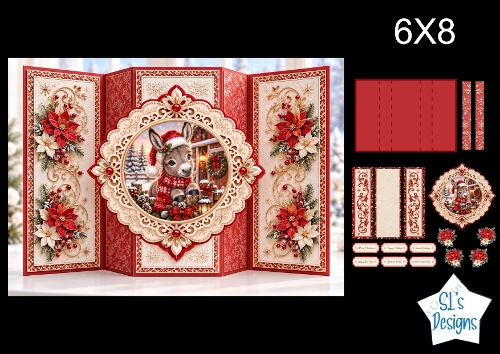 Donkey 6x8 Christmas Card Kit with Festive Ornament Frame & Red Floral Toppers