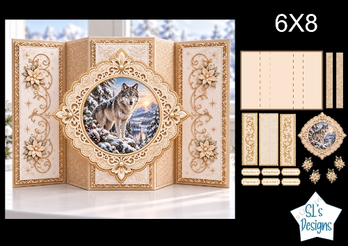 Wolf 6x8 Christmas Card Kit with Snowy Mountain Scene & Gold Floral Toppers