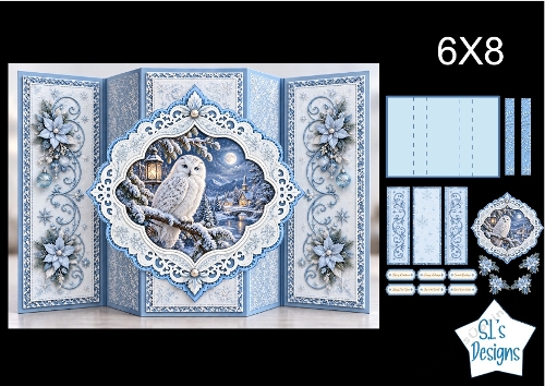 Snowy Owl 6x8 Winter Card Kit with Moonlit Landscape & Frosted Blue Floral Toppers