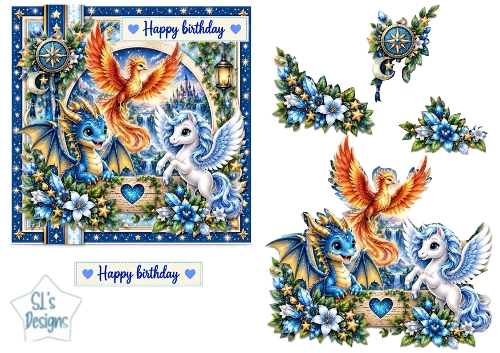 Dragon, Unicorn & Phoenix Fantasy Birthday Card Topper