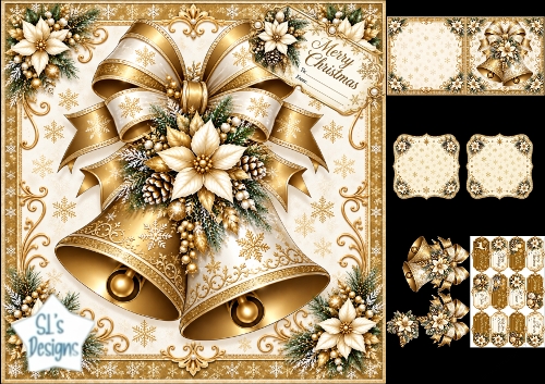 Golden Bells & White Poinsettias Christmas Card Topper