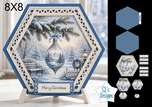 Hexagonal 8x8 Winter Ornament Card Kit with Snowy Landscape & Frosted Blue Toppers