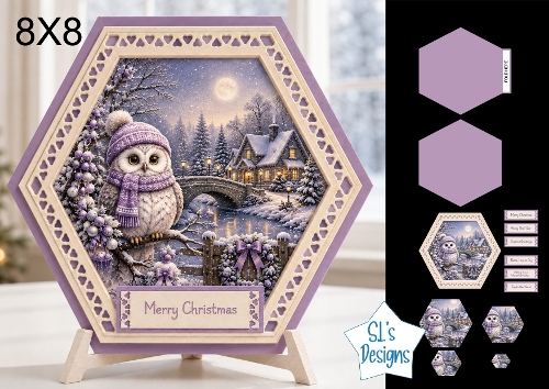 Hexagonal 8x8 Purple Owl Winter Card Kit with Snowy Landscape & Festive Toppers