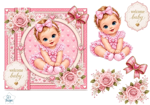 Pink Baby Girl Sitting Welcome Card Topper