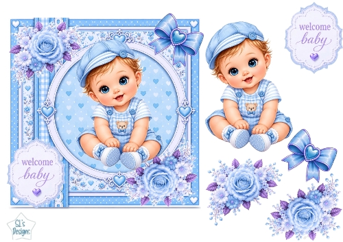 Blue Baby Boy Sitting Welcome Card Topper