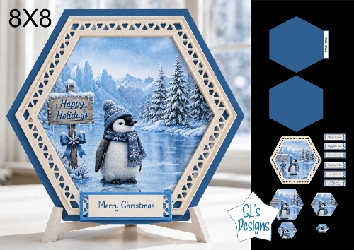 Hexagonal 8x8 Penguin Winter Card Kit with Snowy Landscape & Festive Blue Toppers