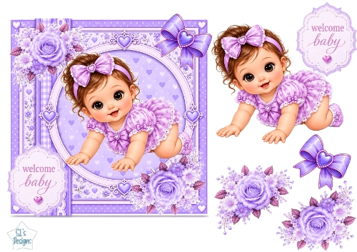 Lavender Baby Girl Crawling Welcome Card Topper