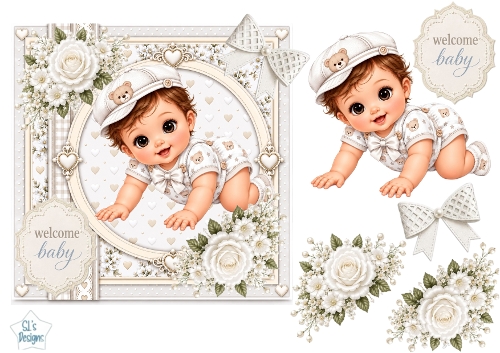 White Baby Boy Crawling Welcome Card Topper