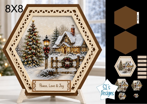 Hexagonal 8x8 Winter Cottage Card Kit with Snowy Landscape & Festive Toppers