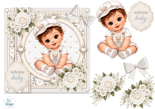 Neutral Baby Boy Sitting Welcome Card Topper
