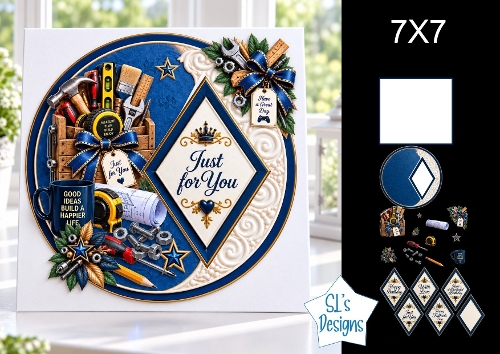 Just for You 7x7 Craft Tools Card Kit with Blue & Gold Layers and DIY Toppers