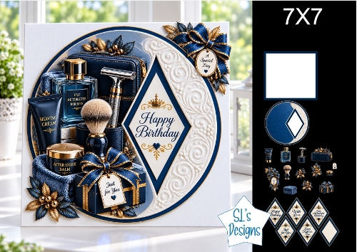 Mens Grooming 7x7 Birthday Card Kit with Blue & Gold Luxury Toppers