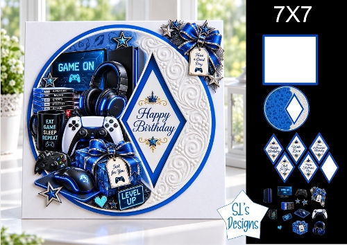 Gaming 7x7 Birthday Card Kit with Blue & Black Tech Layers and Gamer Toppers