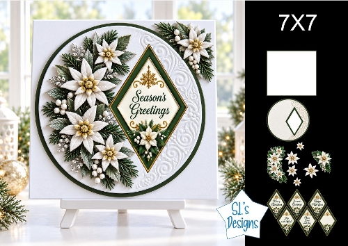 Seasons Greetings 7x7 White Poinsettia Card Kit with Green & Gold Festive Layers