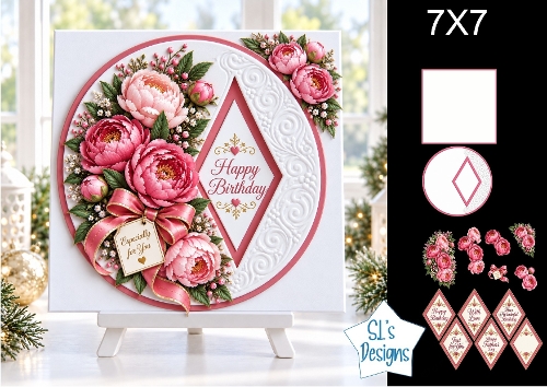 Pink Peony 7x7 Birthday Card Kit with Floral Layers & Elegant Diamond Sentiments