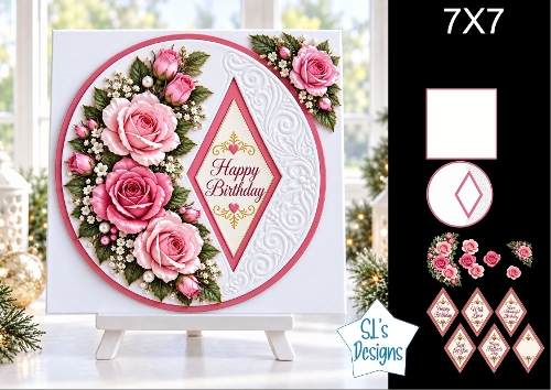 Pink Rose 7x7 Birthday Card Kit with Floral Layers & Elegant Diamond Sentiments