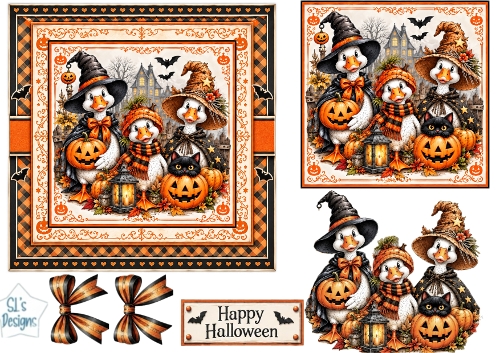 Halloween Ducks & Pumpkin Cat – Cute Autumn Card Topper
