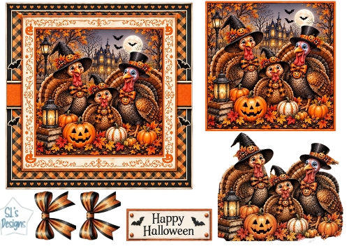 Halloween Turkeys & Pumpkin Scene – Cute Autumn Card Topper