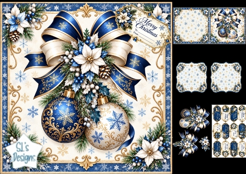 Elegant Blue & Gold Christmas Ornaments – Festive Card & Tag Set