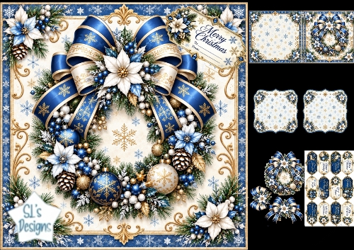 Blue & Gold Christmas Wreath – Elegant Festive Card & Tag Set