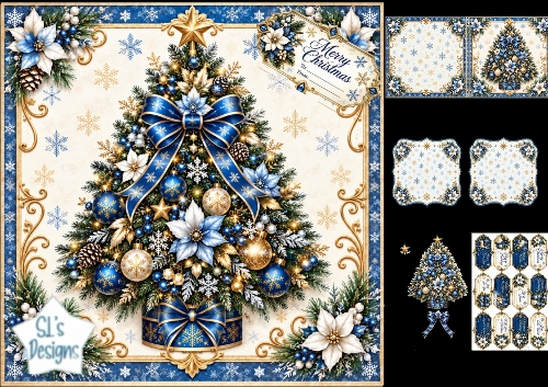 Blue & Gold Christmas Tree – Elegant Festive Card & Tag Set