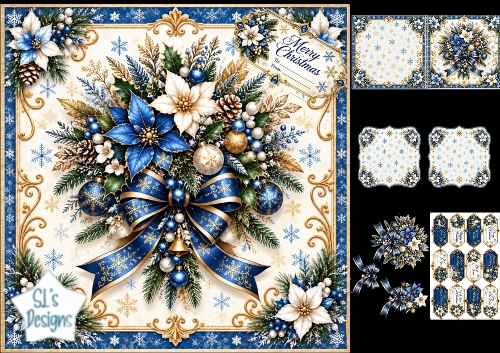 Blue & Gold Christmas Florals – Elegant Festive Card & Tag Set