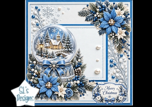 Blue Poinsettia Snow Globe – Elegant Christmas Card Topper